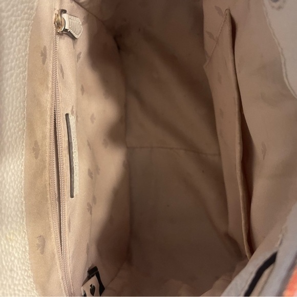 Kate ♠️ Spade White Pebbled Leather Backpack w/ pink, orange, brown fabric front - Picture 14 of 16